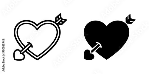 Fotografija Heart with Cupid Arrow Outline and Solid Silhouette Icons