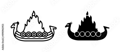 Viking Longship Funeral Pyre Burning on Water Silhouette