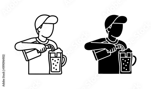 Bartender pouring beer from bottle into glass mug icon