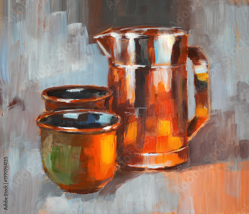Glass jar with tea and clay cups. Hand-painted with oil paint. Perfect for decorating kitchen, cafe, or restaurant.