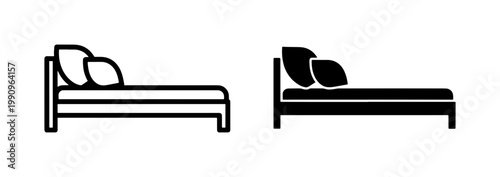 Bed icon set with pillows in outline and solid style