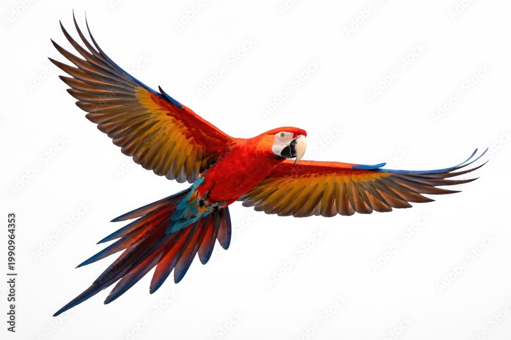 Fototapeta premium Brightly colored parrot gliding high with open wings on plain white backdrop