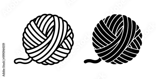Knitting Yarn Ball Black Outline and Silhouette Icon Set