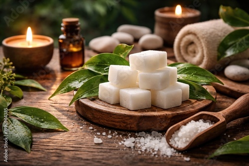 Inviting spa setup with camphor blocks and fresh leaves arranged on a textured wooden surface for aromatherapy