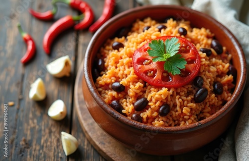 Orange rice with black beans and tomato slice on top served in bowl. Red chili peppers and garlic cloves surround dish on rustic wood table. Delicious spicy mexican cuisine.