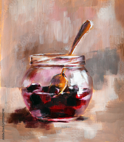 Glass jar with jam and spoon. Hand-painted with oil paint. Perfect for decorating kitchen, cafe, or restaurant