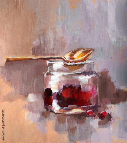 Glass jar with jam and spoon. Hand-painted with oil paint. Perfect for decorating kitchen, cafe, or restaurant