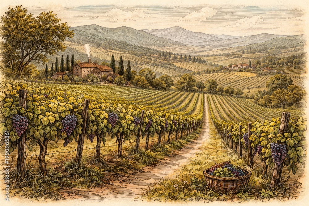 Naklejka premium artistic hand drawn vineyard panorama featuring old fashioned landscape elements
