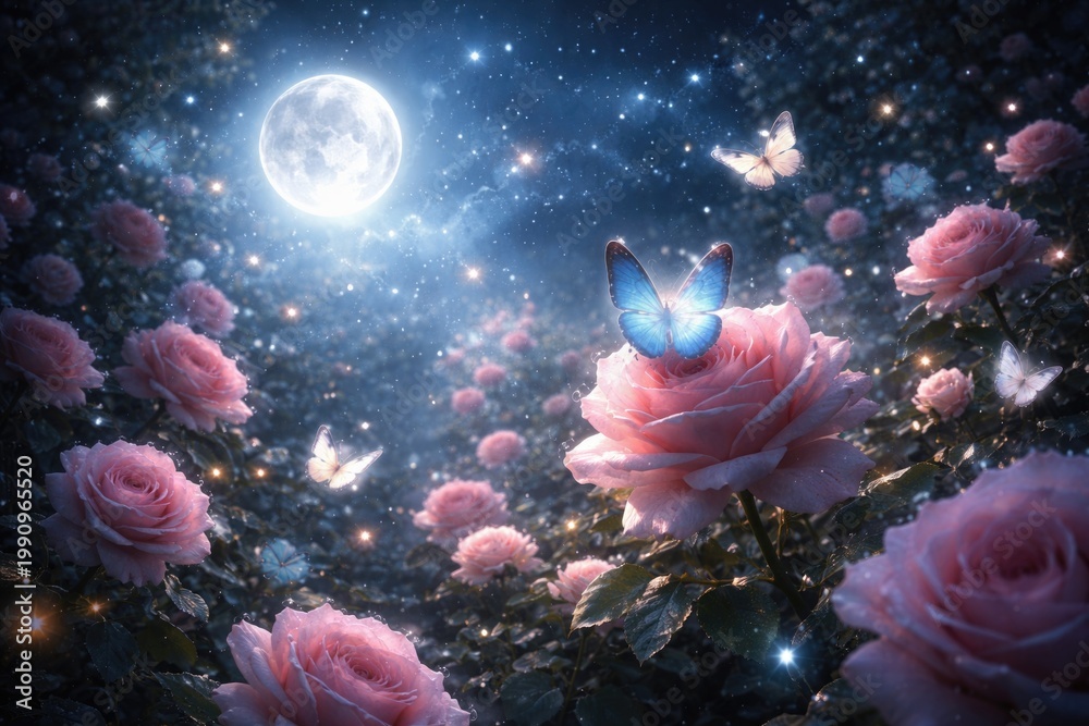Fototapeta premium Fairy tale scene of beautiful roses and butterflies under starry glowing moonlight