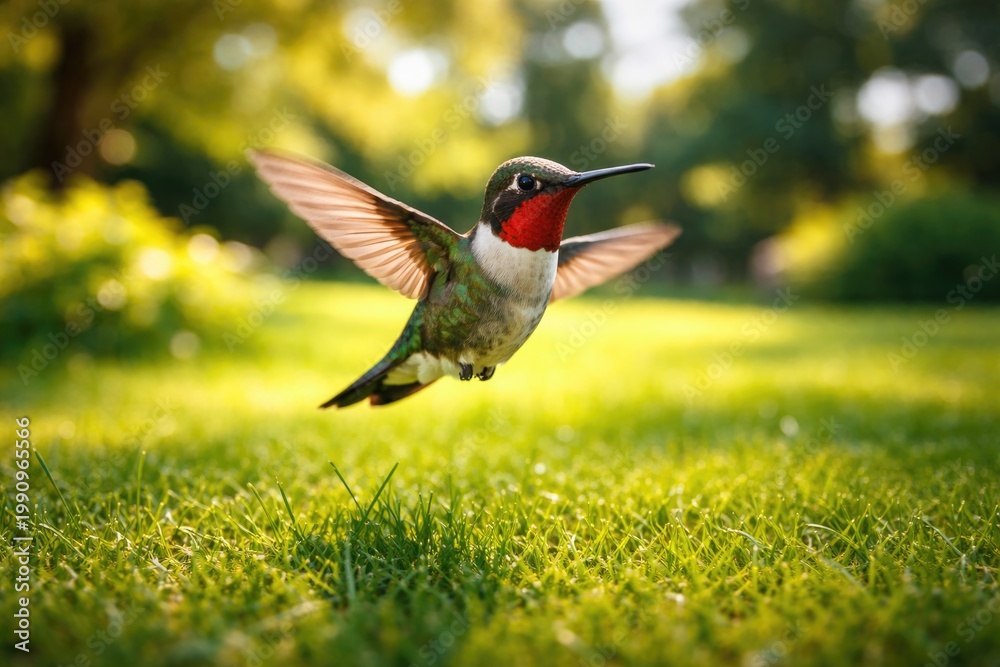 Fototapeta premium Happy pet hummingbird fluttering over a bright green lawn on a warm summer afternoon