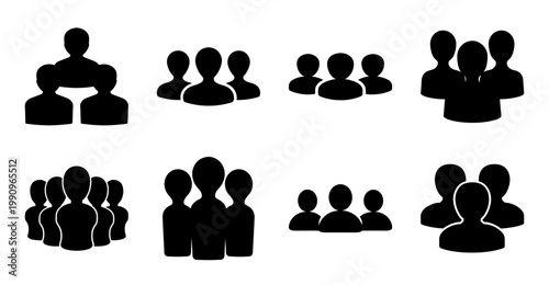 Black silhouette icons representing groups of people with various hierarchical structures