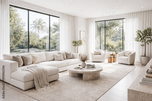 spacious modern living room with white decor and oversized windows featuring a plush sofa