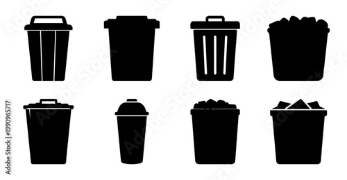 Collection of black and white garbage can and trash bin vector icons