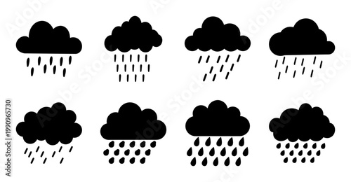 Variety of black rain cloud icons, showing different rain intensities