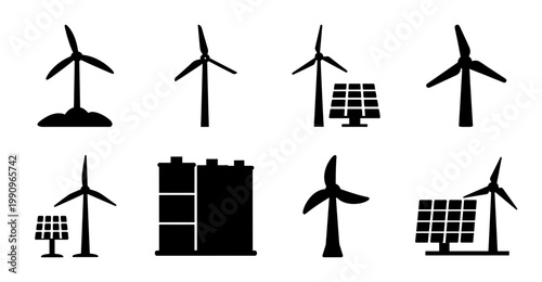 Renewable energy solutions featuring windmills, solar panels, and battery storage system