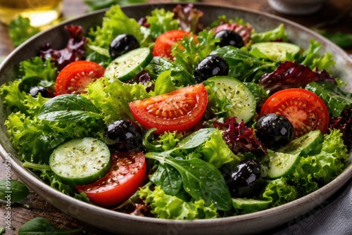 Fresh mixed green salad with ripe tomatoes, cucumbers, and black olives