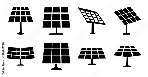 Collection of solar panel silhouette illustrations presenting different angles and designs