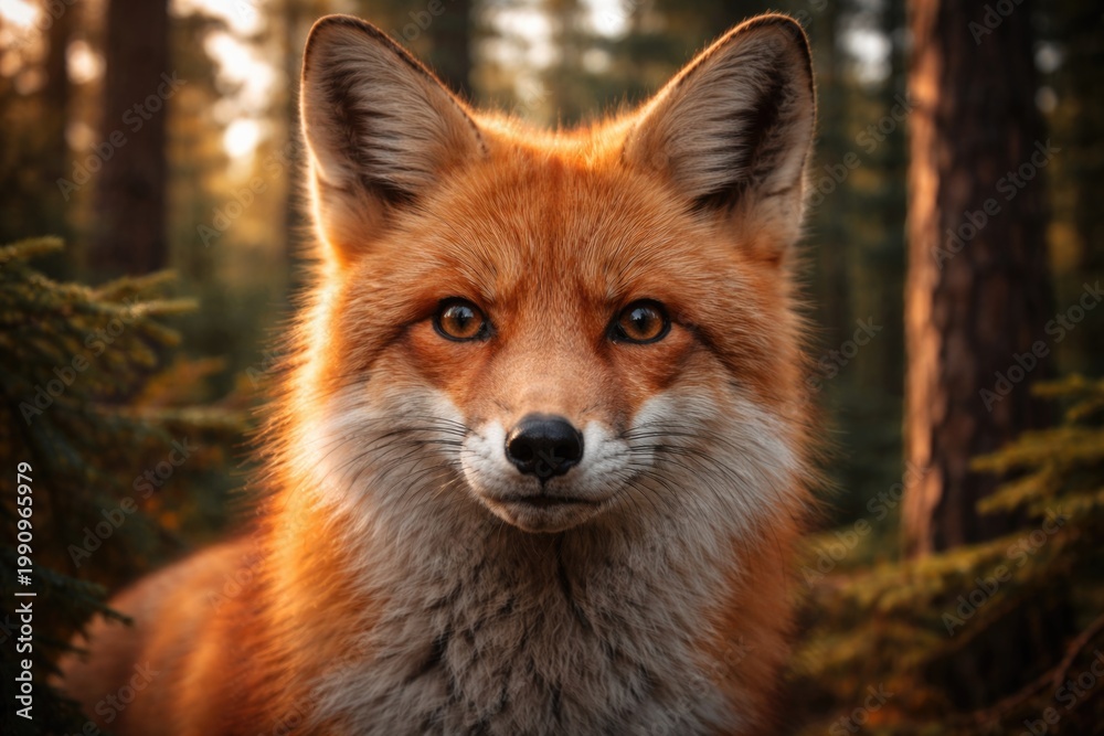 Fototapeta premium Intimate close up of a red fox gazing directly with pine trees behind