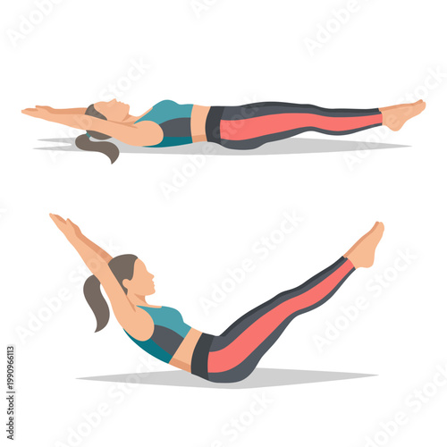 This dynamic illustration features two women performing core-strengthening exercises, showcasing their ability to balance and maintain physical fitness through dedicated movements.