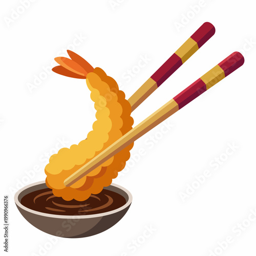An appetizing shrimp tempura served with chopsticks and a delectable dipping sauce, perfectly capturing the essence of culinary art and delectable Japanese cuisine.