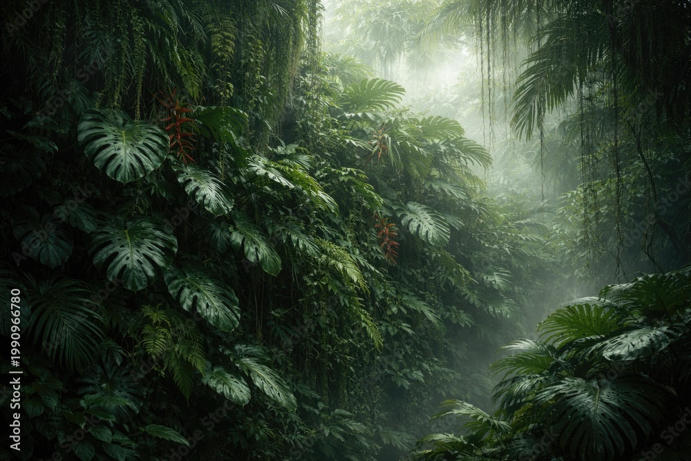 Fototapeta premium dense tropical foliage background with lush plant wall in misty rainforest