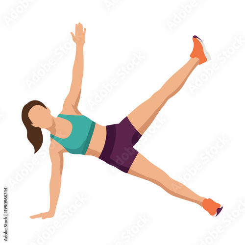 This vibrant illustration depicts a woman engaged in a challenging side plank exercise, showcasing strength, balance, and fitness, ideal for promoting health and workout routines.