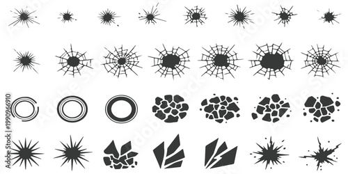 A comprehensive collection of bullet holes, glass cracks, and shattered impact effects in various styles and sizes on a white background.
