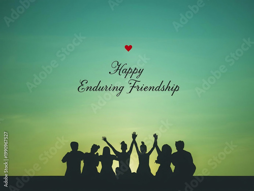 Friends Celebrating Silhouette Against Sunset Sky with Friendship Message