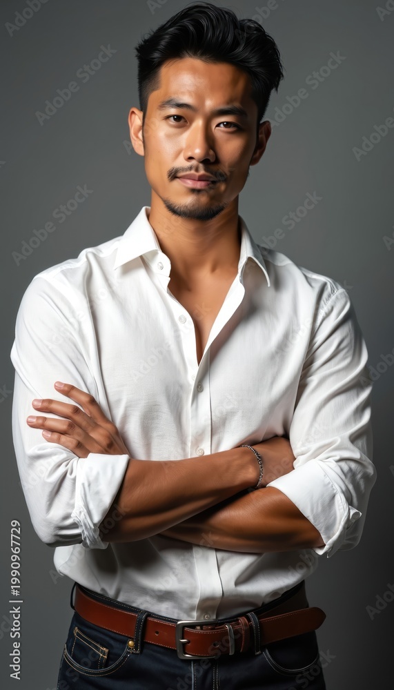 Obraz premium Man with crossed arms wears white shirt. He has neat hair and stubble. He looks seriously at camera. Dark jeans and brown belt complete his outfit. This portrait is suitable for fashion.