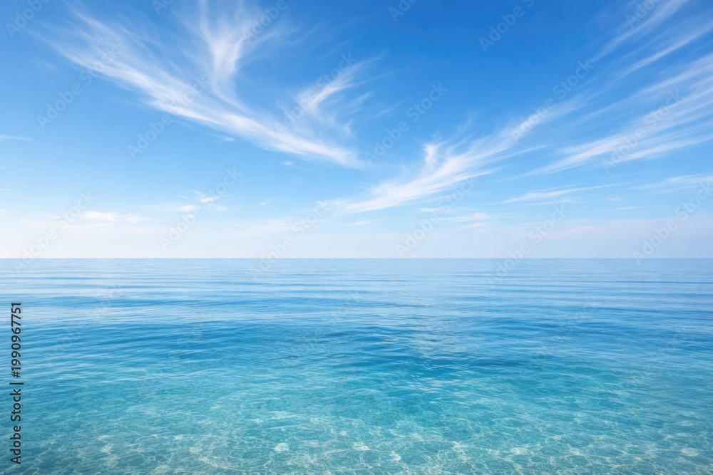 Fototapeta premium Calming seascape with serene blue sky and light cloud wisps above clear ocean horizon
