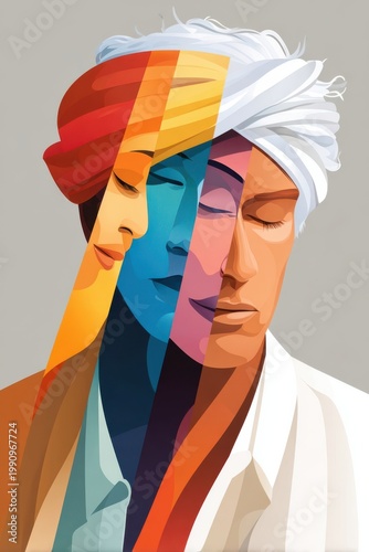 Colorful layered portrait of Indian man in turban expressing identity, culture and calm meditation