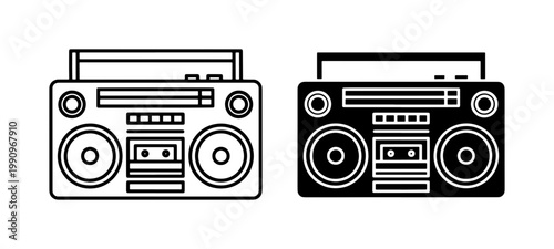 Retro Boombox Line Art and Solid Silhouette Icons