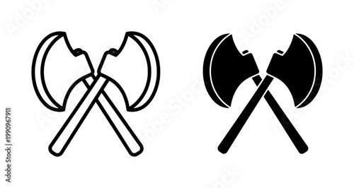 Crossed Battle Axe Silhouette and Outline Vector Icons