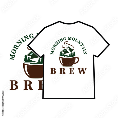 Vintage Morning Mountain Brew T-shirt Design with Coffee Cup, Mountains and Pine Trees for Camping and Coffee Lovers