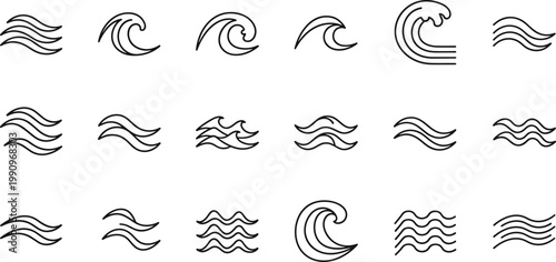 Minimalist Water Wave Icon Set with Sea Swells, Abstract Ocean Ripples, Tidal Wave Symbols, and Circular Water Splash Graphics for Environmental and Nautical UI Design
