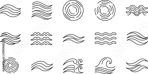Modern Line Art Wave Icon Set with Minimalist Sea Swells, Ocean Whirlpools, and Rhythmic Water Ripples for Professional Blue Economy and Environmental UI Design