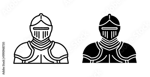Medieval Knight Armor Helmet Line and Silhouette Icon Set