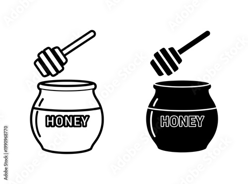 Honey pot and dipper stick outline icon set