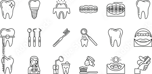 Professional Dental Hygiene Icon Set with Teeth Braces Toothbrushing Symbols Dental Mirror and Stomatology Tools for Medical UIProfessional Dental Hygiene 