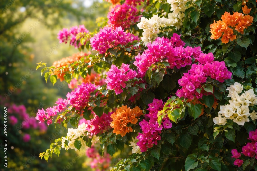 Obraz premium Colorful blooming bougainvillea intertwined with green leaves on a subtle natural backdrop
