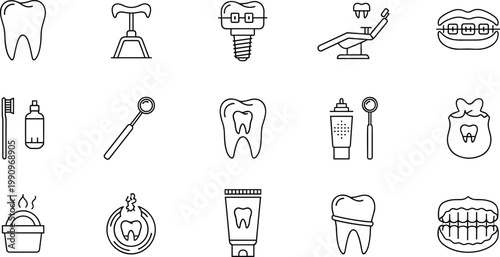 Professional Dentistry Icon Set with Dental Chair Oral Hygiene Products Teeth Implants and Medical Treatment Symbols