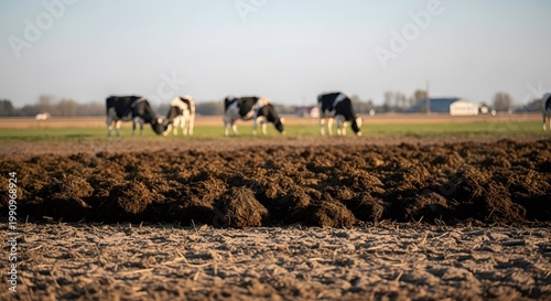 Close-up of plowed soil and organic manure in a field with dairy cows grazing in the background