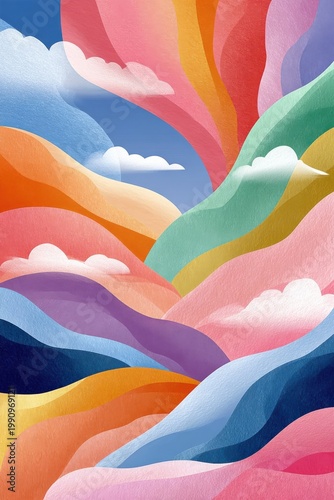 Soft pastel watercolor abstract landscape with colorful hills, clouds and dreamy flowing gradients