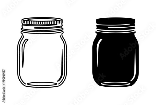 Mason Jar Outline and Silhouette Vector Icon Set