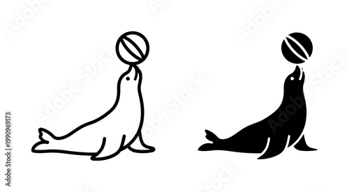 Seal balancing ball icon set in black and white