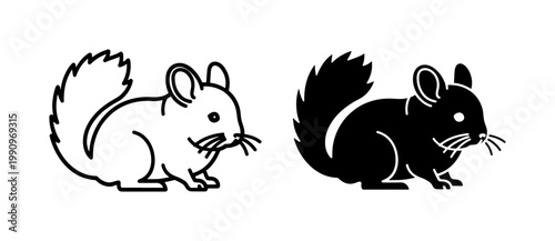 Chinchilla line art and solid black silhouette icon set
