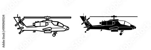 Military Attack Helicopter Silhouette and Outline Vector Set