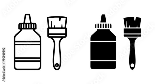 Glue bottle and paint brush icon set