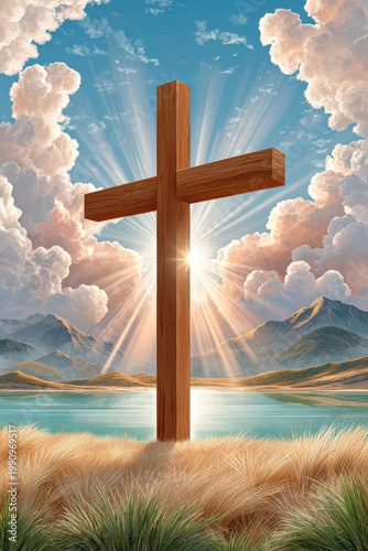 Wooden cross in grassy landscape with sun rays, dramatic clouds and mountain lake