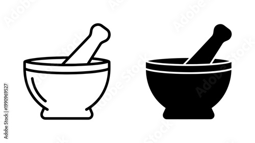 Mortar and pestle icon set for pharmacy or kitchen design